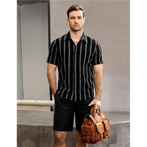 Mens Summer Striped Shirts Button Down Short Sleeve Vintage Beach - Picture 2 of 7